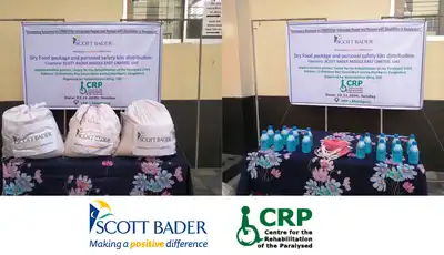 "Scott Bader display of packaged products with CRP partnership signage, showcasing specialty resins and composites" [G]