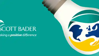 "Scott Bader logo and brand imagery featuring their sustainability emblem on teal background, representing their composites and resins solutions" [G]