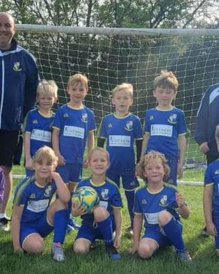 "Youth football team in blue uniforms posing on green field with soccer goal in background" [G]