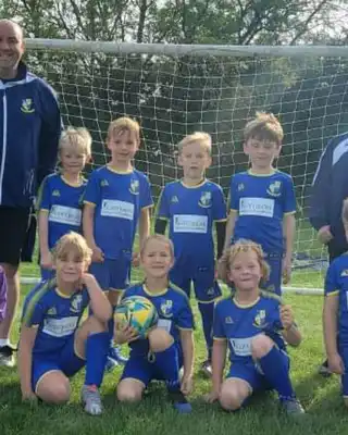 "Youth football team in blue uniforms posing on green field with soccer goal in background" [G]