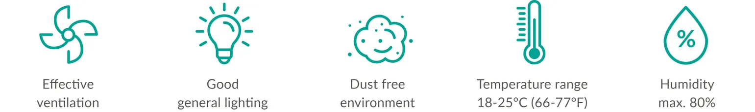 "Scott Bader environmental control icons showing ventilation, lighting, dust-free environment, temperature range, and humidity for composites manufacturing" [G]
