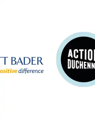 "Scott Bader logo alongside Action Duchenne charity emblem, showcasing corporate partnership" [G]