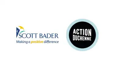"Scott Bader logo alongside Action Duchenne charity emblem, showcasing corporate partnership" [G]