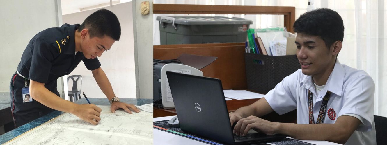 "Two professionals working in a Scott Bader office environment - one examining documents while another uses a laptop" [G]