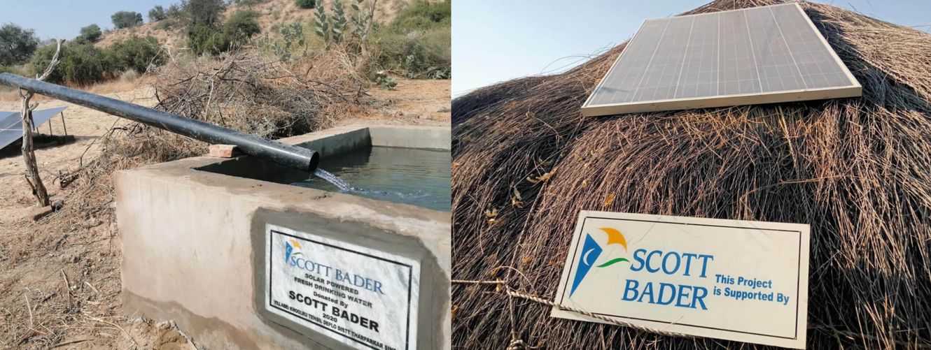 "Scott Bader signage at rural water installation and solar panel on thatched roof, showcasing sustainable applications" [G]