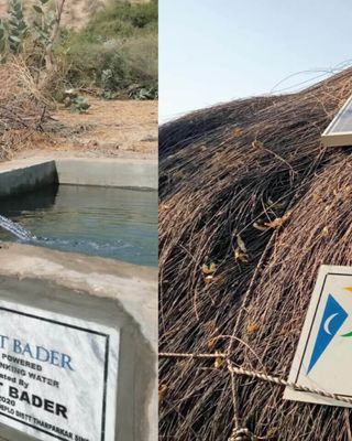 "Scott Bader signage at rural water installation and solar panel on thatched roof, showcasing sustainable applications" [G]