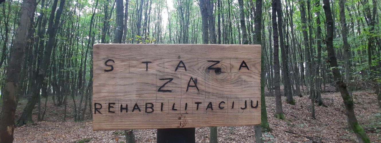 "Wooden sign in forest reading 'STAZA ZA REHABILITACIJU' surrounded by tall trees in a natural woodland setting" [G]