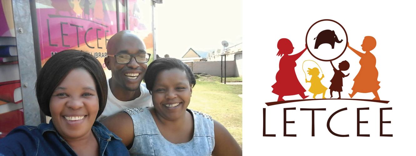 "Group photo at LETCEE community event with organization logo showing silhouettes of children and caregiver" [G]