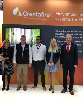 "Crestafire exhibition booth showcasing Scott Bader composites and resins for fire safety systems at industry trade show" [G]