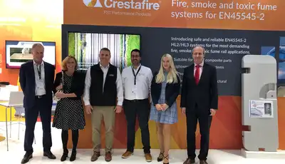 "Crestafire exhibition booth showcasing Scott Bader composites and resins for fire safety systems at industry trade show" [G]