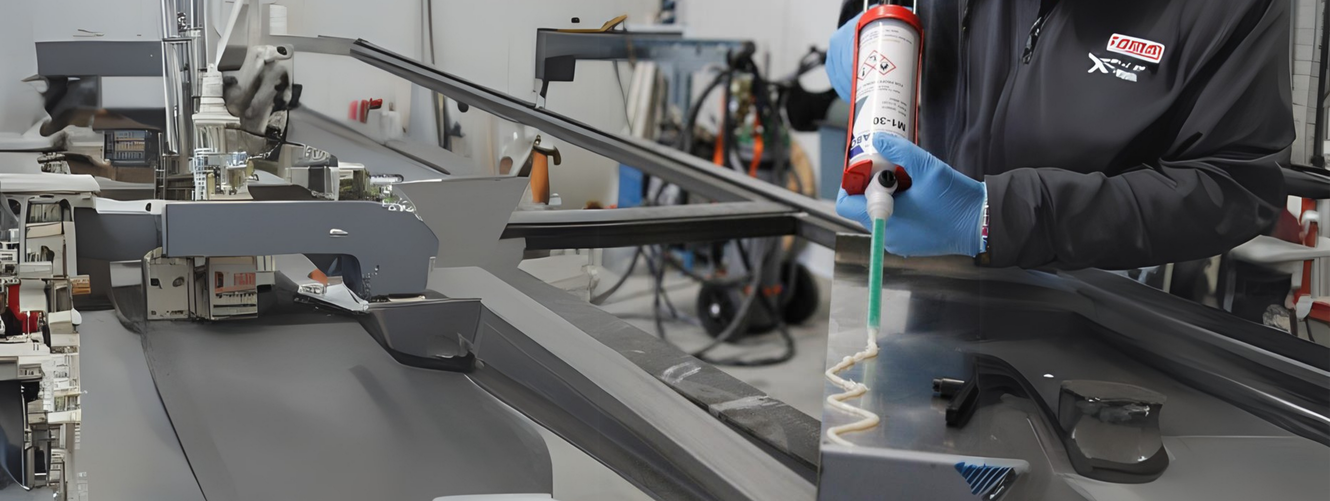 "Technician applying Scott Bader structural adhesives in precision manufacturing process for composite materials assembly" [G]