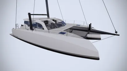 Catamaran hull built with Scott Bader gelcoats and composites for durable marine applications. [G]