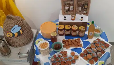 "Display of honey products and baked goods on a blue tablecloth with decorative beehive and Scott Bader packaging visible in wooden display case" [G]