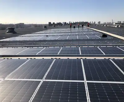 "Solar panel installation on commercial rooftop with city skyline in background, showcasing durable composite materials" [G]