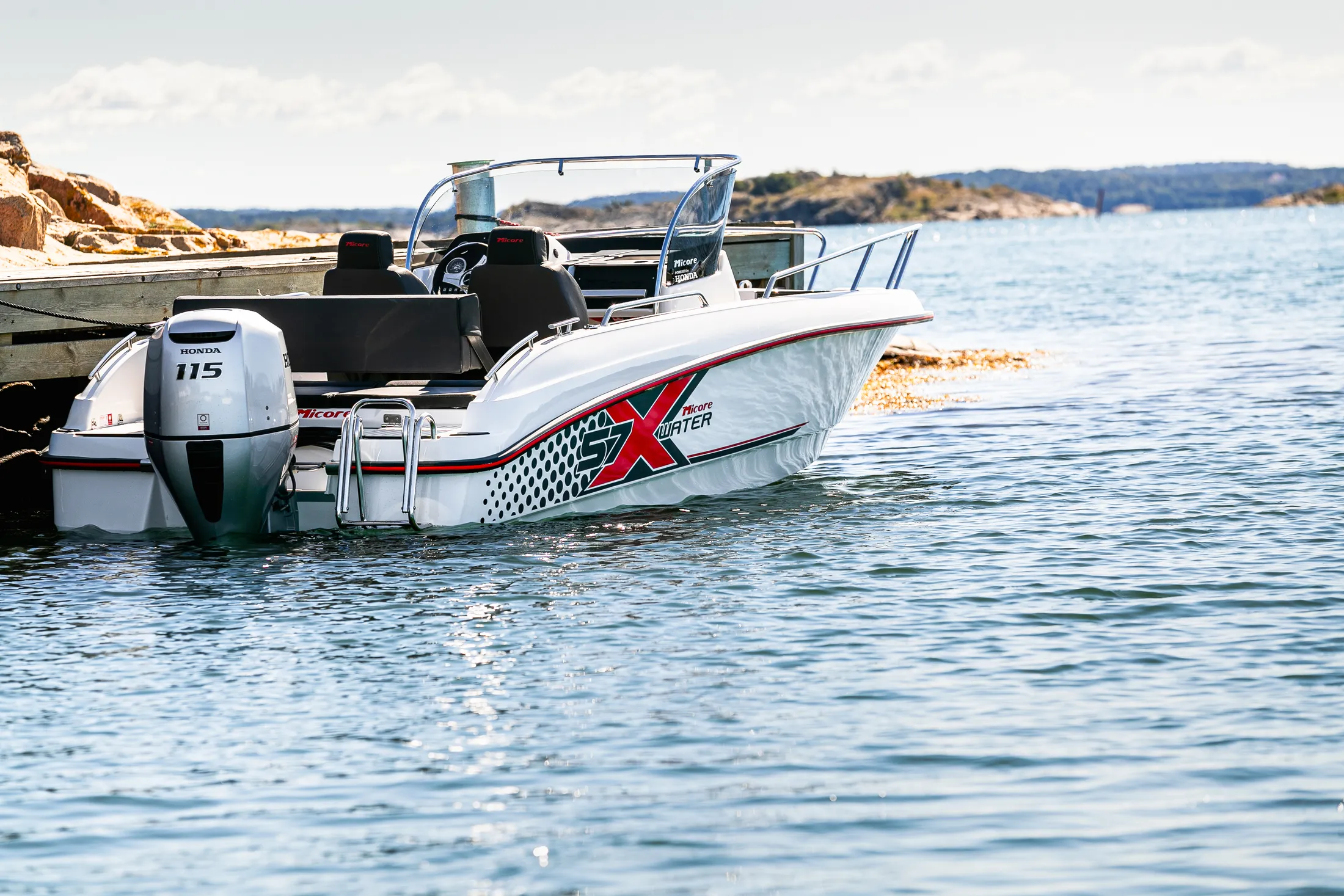 "Motorboat docked at coastal marina - Scott Bader gelcoats and composites for marine applications providing durability and protection" [G]