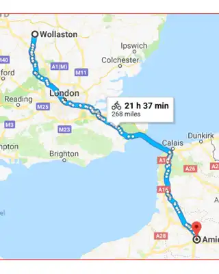 "Map showing route from Blackpool to Antwerp (115.37 miles) across southern England and the English Channel" [G]