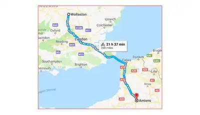 "Map showing route from Blackpool to Antwerp (115.37 miles) across southern England and the English Channel" [G]
