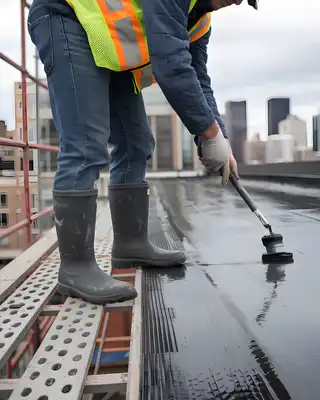 "Construction worker applying Scott Bader structural adhesives on rooftop with city skyline in background" [G]
