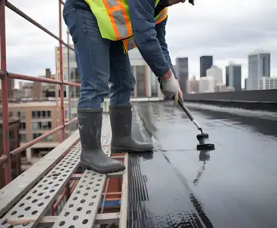 "Construction worker applying Scott Bader structural adhesives on rooftop with city skyline in background" [G]