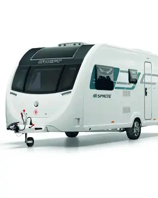 "Modern white caravan trailer with black front panel on white background" [G]
