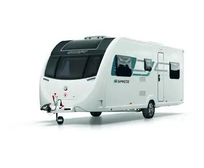 "Modern white caravan trailer with black front panel on white background" [G]