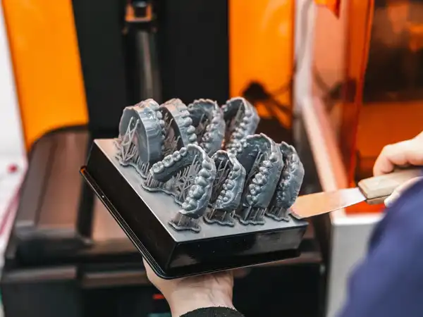 A hand holding a 3D printed dental mold, consisting of multiple gray resin teeth models, set on a black tray.