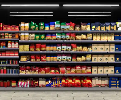 "Supermarket shelves stocked with colorful packaged food products arranged by category under fluorescent lighting" [G]