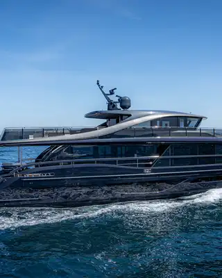 "Luxury yacht cruising on blue ocean waters, featuring Scott Bader composites and gelcoats for marine applications" [G]