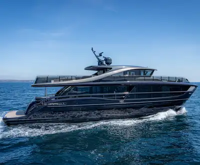 "Luxury yacht cruising on blue ocean waters, featuring Scott Bader composites and gelcoats for marine applications" [G]