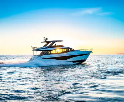 "Luxury yacht cruising on ocean at sunset - Scott Bader gelcoats and composites for superior marine applications" [G]