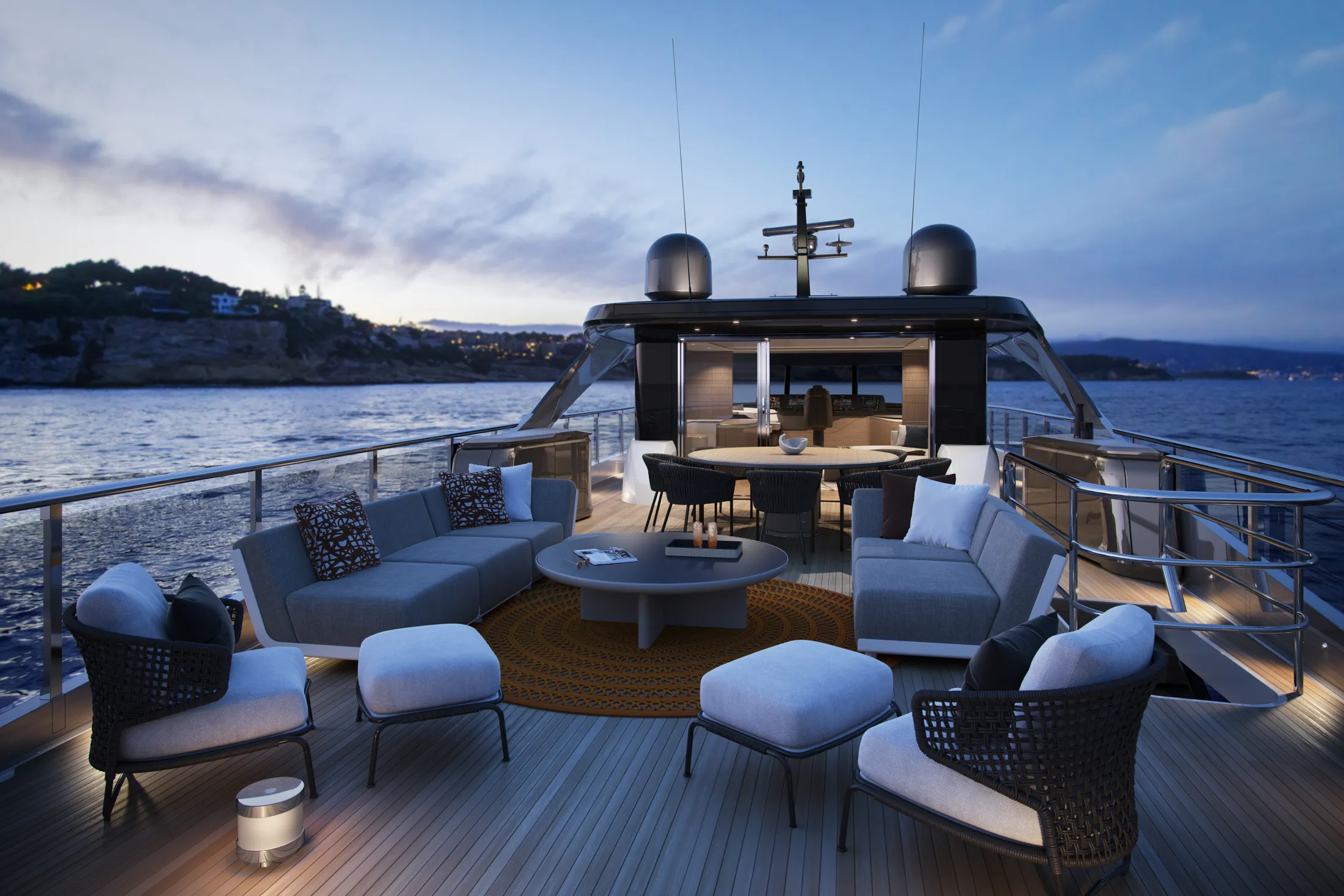 "Luxury yacht deck at dusk showcasing Scott Bader composites and gelcoats used in marine applications" [G]