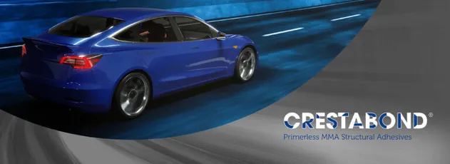 "Blue sports car in motion with Crestabond logo, Scott Bader's premium structural adhesives for automotive applications" [G]