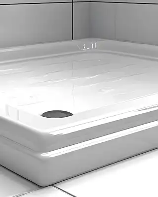 "White square shower tray installed on tiled bathroom floor, suitable for applications with Scott Bader gelcoats and resins" [G]