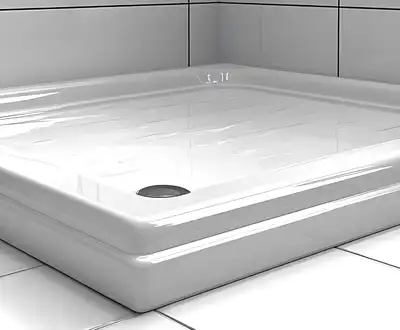 "White square shower tray installed on tiled bathroom floor, suitable for applications with Scott Bader gelcoats and resins" [G]