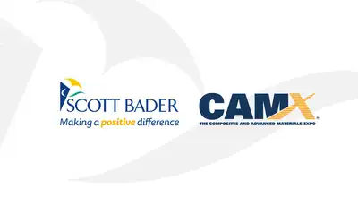 "Scott Bader and CAMX logos on white background - composites and adhesives industry partnership" [G]