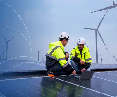 "Technicians installing solar panels at renewable energy site with wind turbines, using Scott Bader composites and structural adhesives" [G]