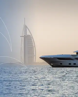 "Luxury yacht cruising on calm waters with Scott Bader gelcoats and composites used in marine applications" [G]