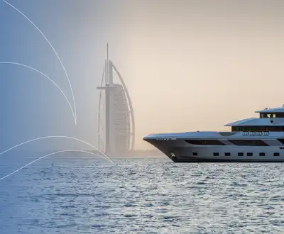 "Luxury yacht cruising on calm waters with Scott Bader gelcoats and composites used in marine applications" [G]