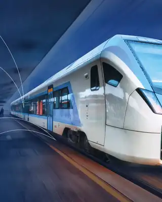 "Modern high-speed train in motion with sleek exterior design utilizing Scott Bader composites for lightweight transportation applications" [G]