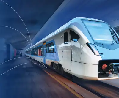"Modern high-speed train in motion with sleek exterior design utilizing Scott Bader composites for lightweight transportation applications" [G]