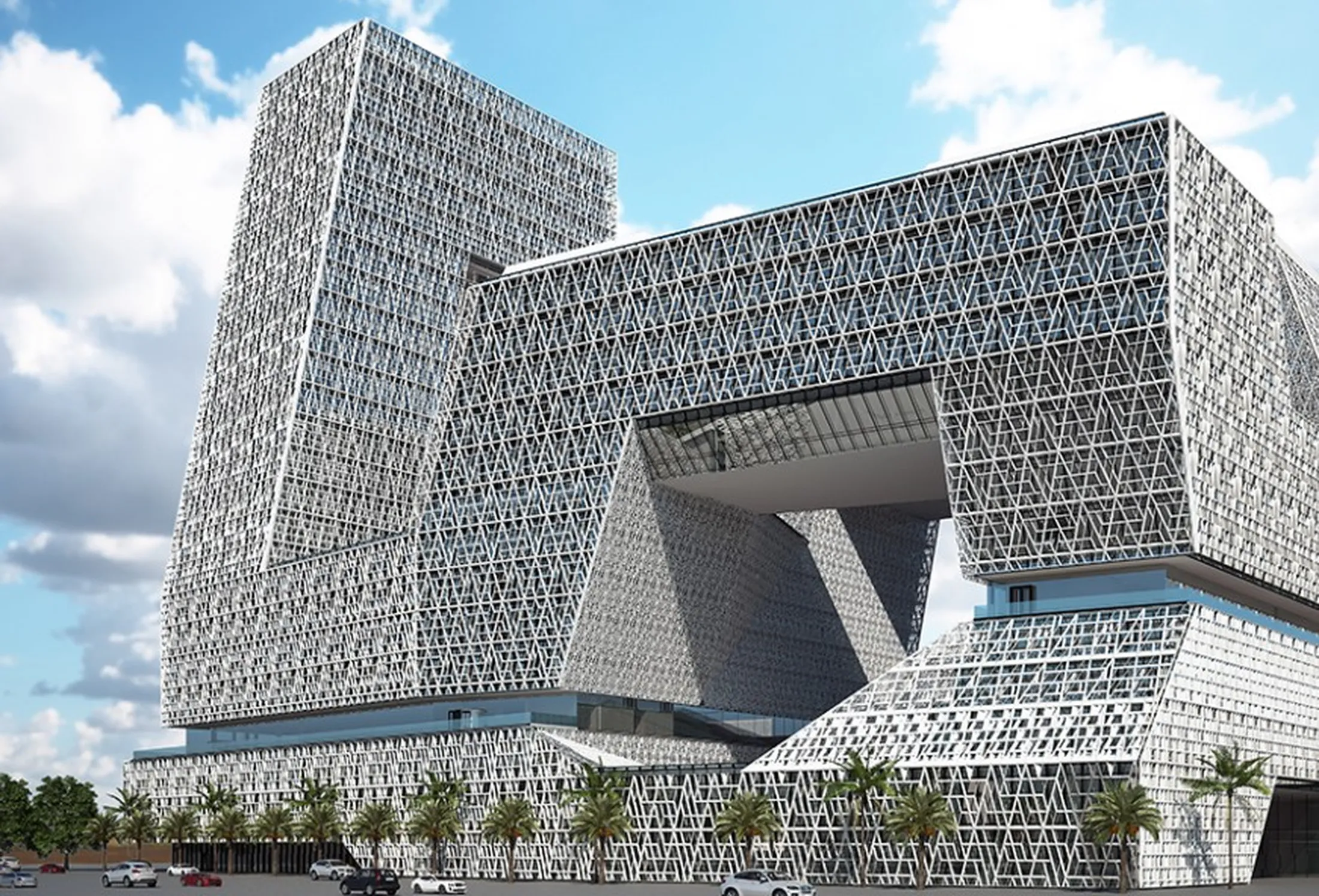 Modern architectural building with geometric lattice facade design against blue sky, showcasing innovative structural applications. [G]