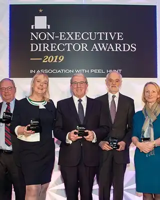 "Award recipients at the 2019 Non-Executive Director Awards ceremony sponsored by The Sunday Times and Peel Hunt, with Scott Bader represented." [G]