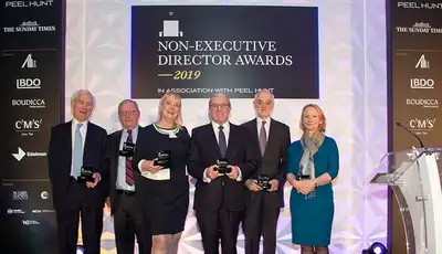 "Award recipients at the 2019 Non-Executive Director Awards ceremony sponsored by The Sunday Times and Peel Hunt, with Scott Bader represented." [G]