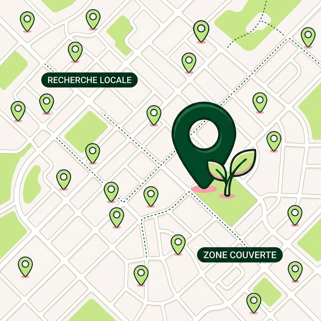 Un panneau de résultats locaux à côté d'une carte abstraite avec son épingle