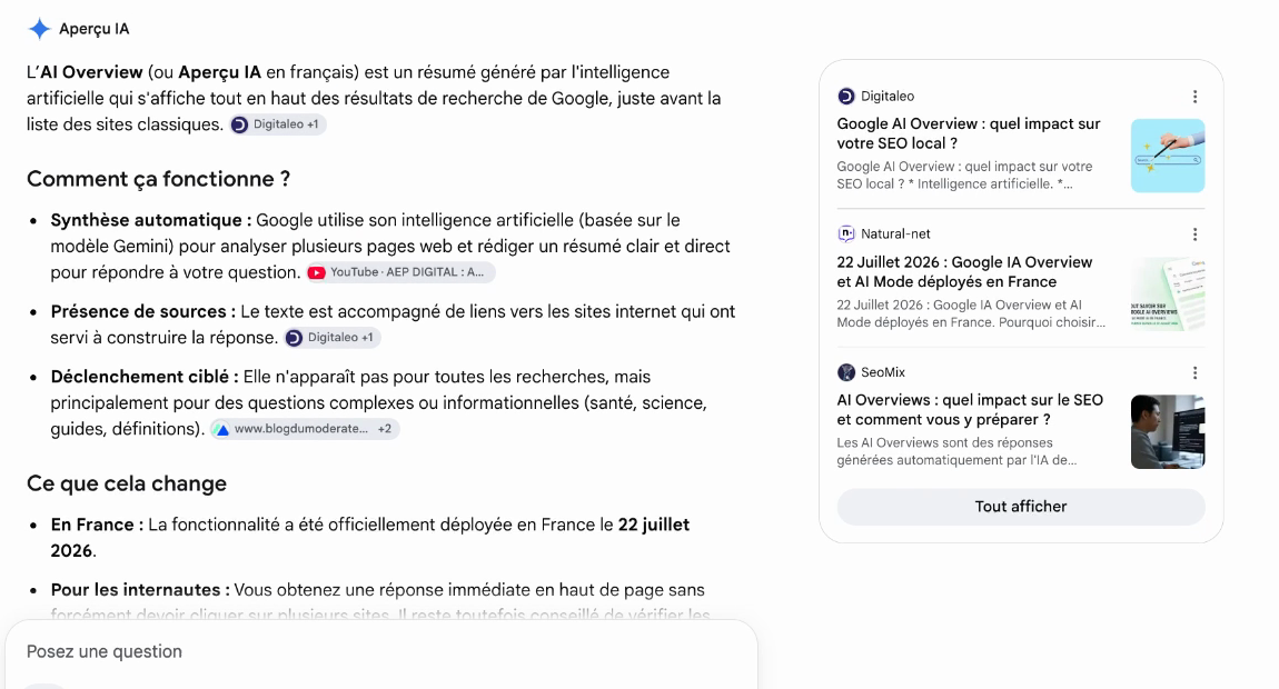 Aperçu IA de Google sur « qu'est-ce que AI overview » : la réponse générée, les liens dans le texte et la colonne de sources à droite