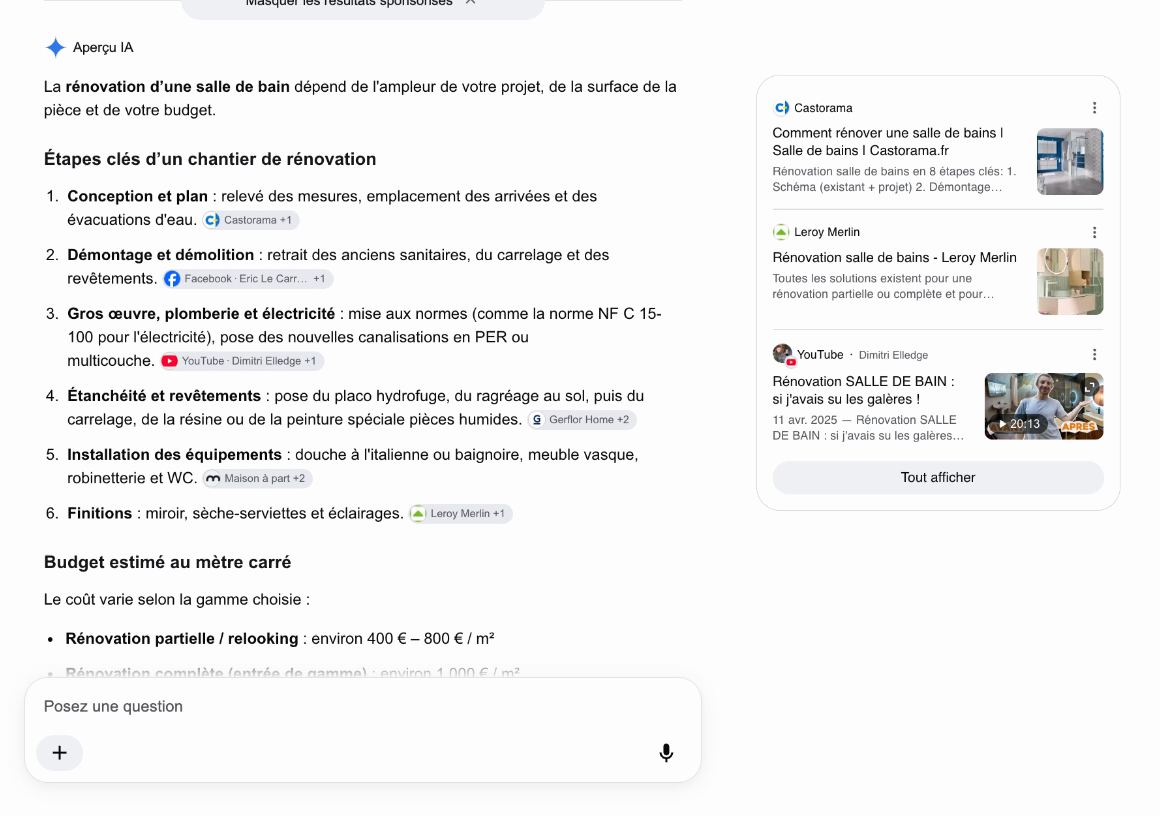 SERP Google de « rénovation salle de bain » : un AI Overview qui cite Castorama, Leroy Merlin et une vidéo YouTube