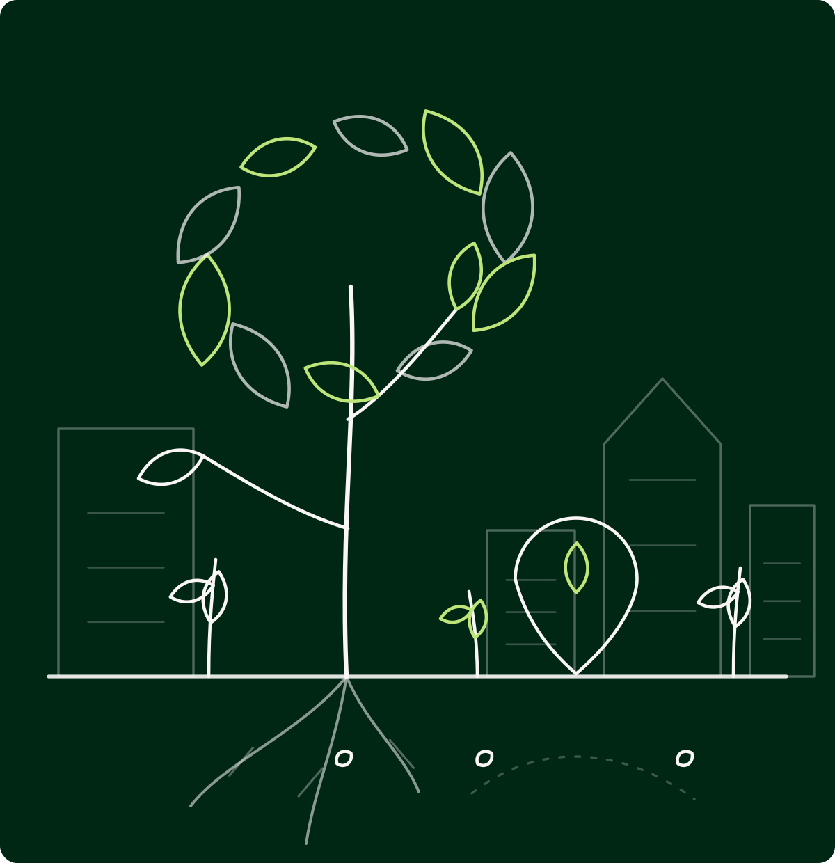 Front bâti sans signe distinctif sous une canopée de feuilles, avec un repère de carte planté au sol au milieu de jeunes pousses