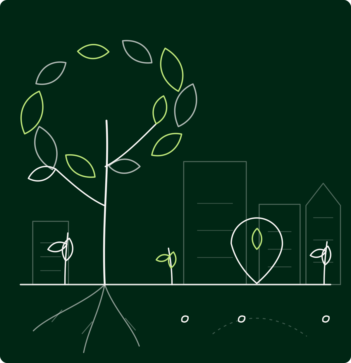 Front bâti sans signe distinctif sous une canopée de feuilles, avec un repère de carte planté au sol au milieu de jeunes pousses