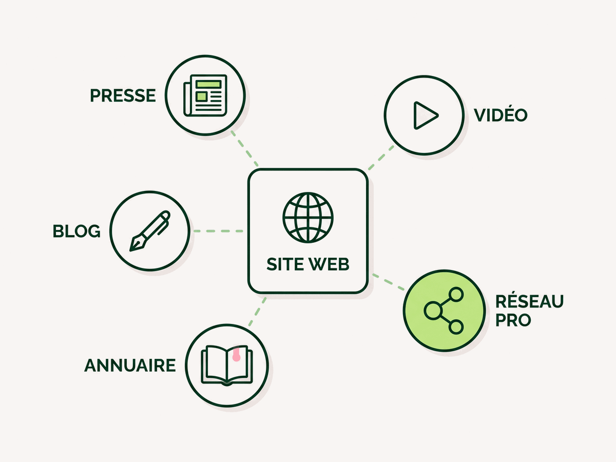Schéma en étoile reliant cinq catégories de sources — presse, vidéo, blog, annuaire, réseau professionnel — à un nœud central « Site web »