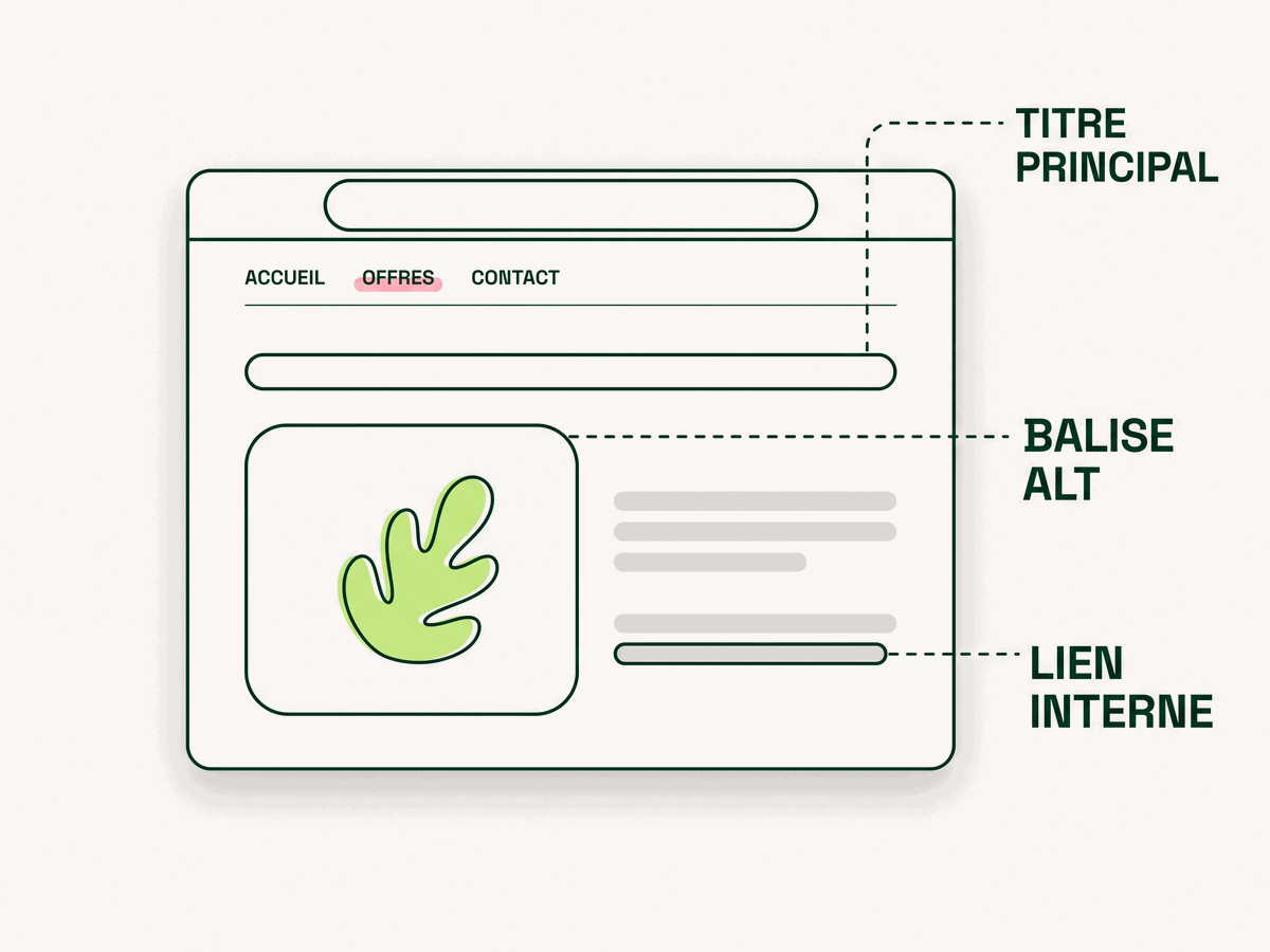 Page de site en français annotée « Titre principal », « Balise alt » et « Lien interne »